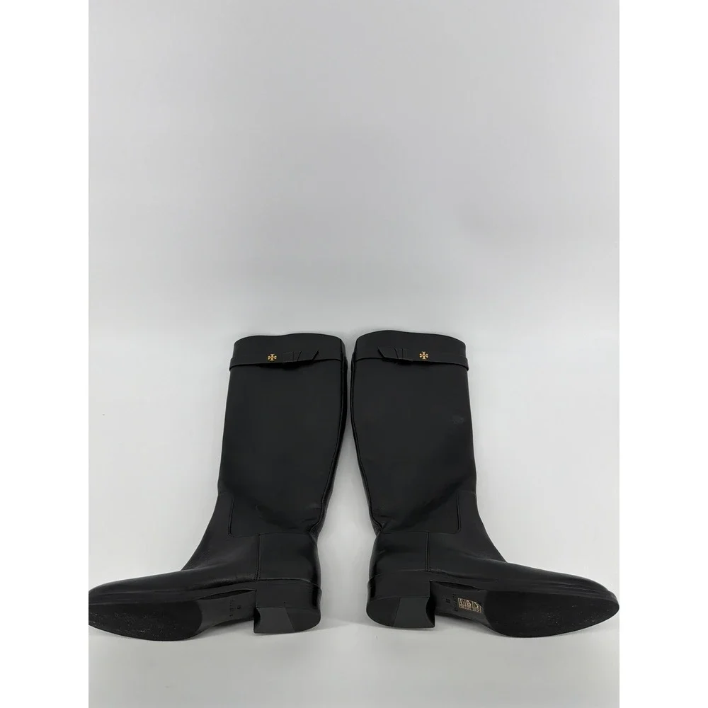 Tory Burch Black Leather Tall Riding‎ Boots Gold Logo Buckle 6W 139174